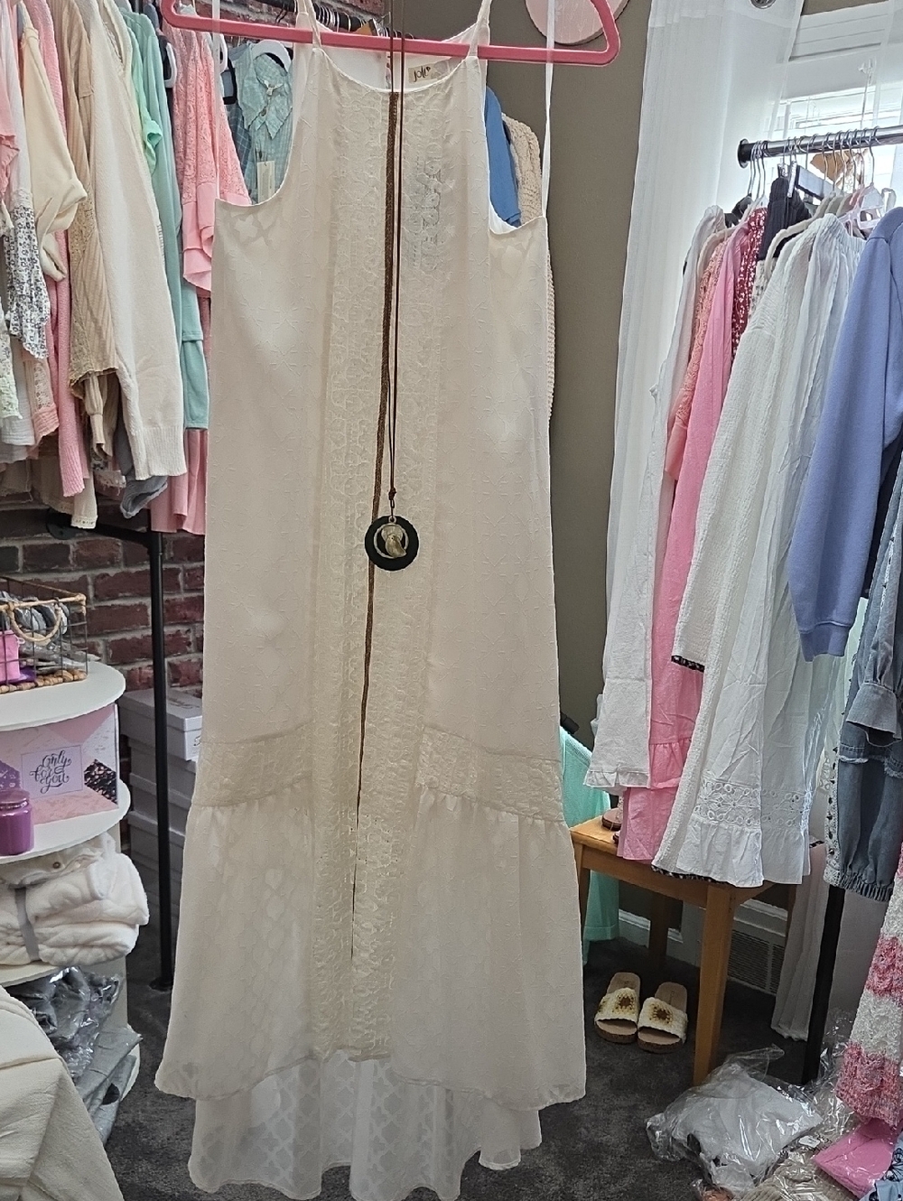 Bohemian Cream Maxi Dress with Lace Paneling High/low
